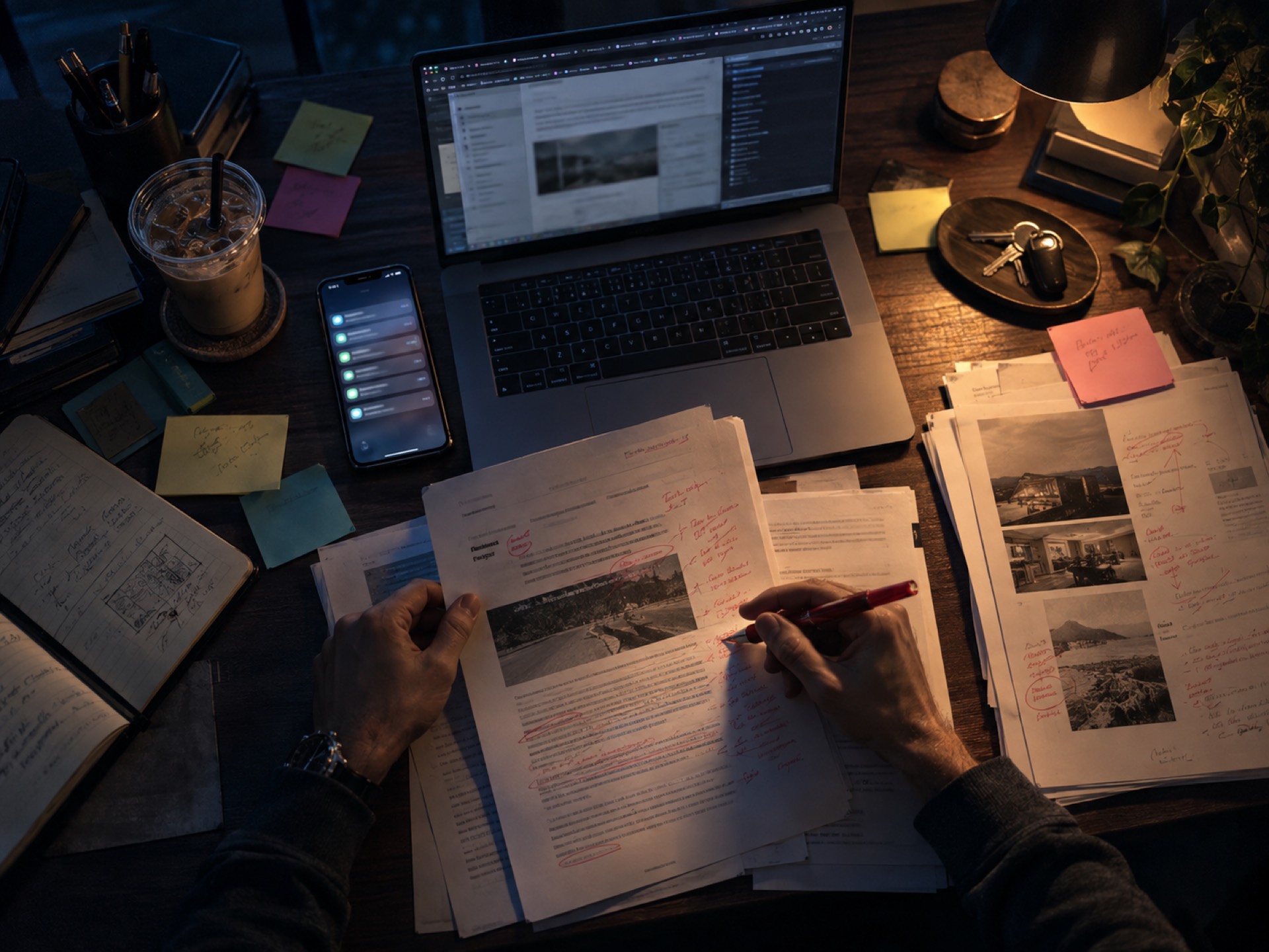 Mesa à noite com documentos corrigidos à caneta, celular cheio de notificações e post-its